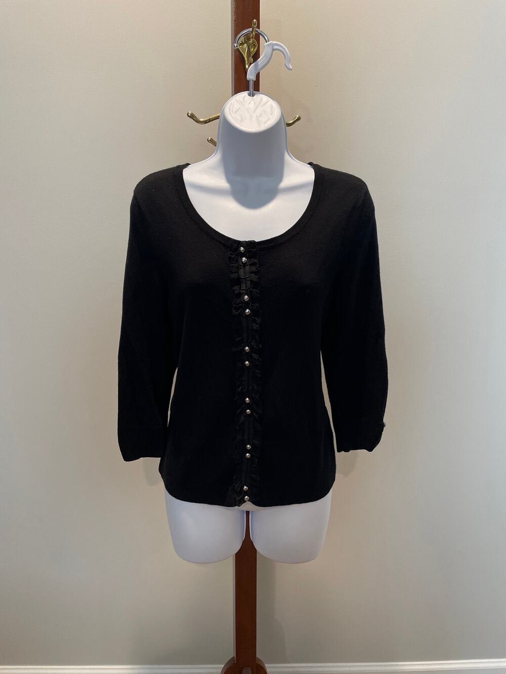 White House Black Market Size L Black Snap‑Front Cardigan, Cotton Blend